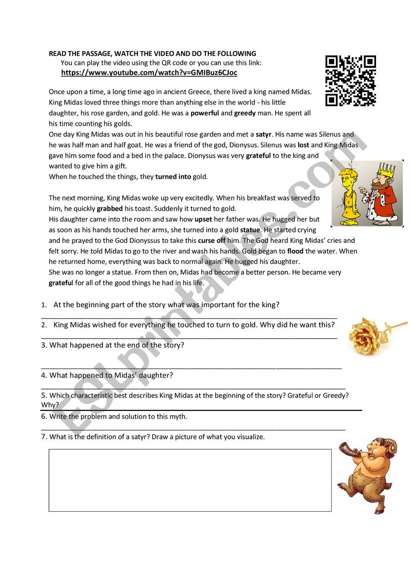 King Midas And Golden Touch Myth Esl Worksheet By Drya