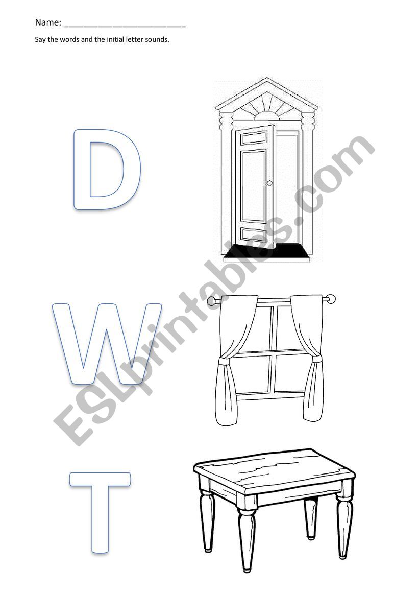 ESL Nursery Vocabulary with Initial Letter - Door, Table, Window