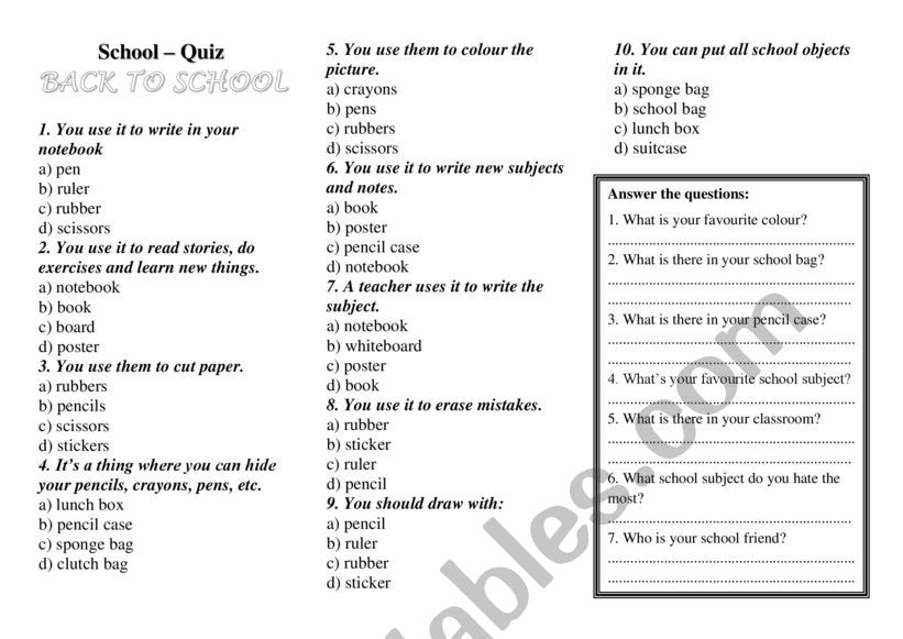 Back to school quiz worksheet