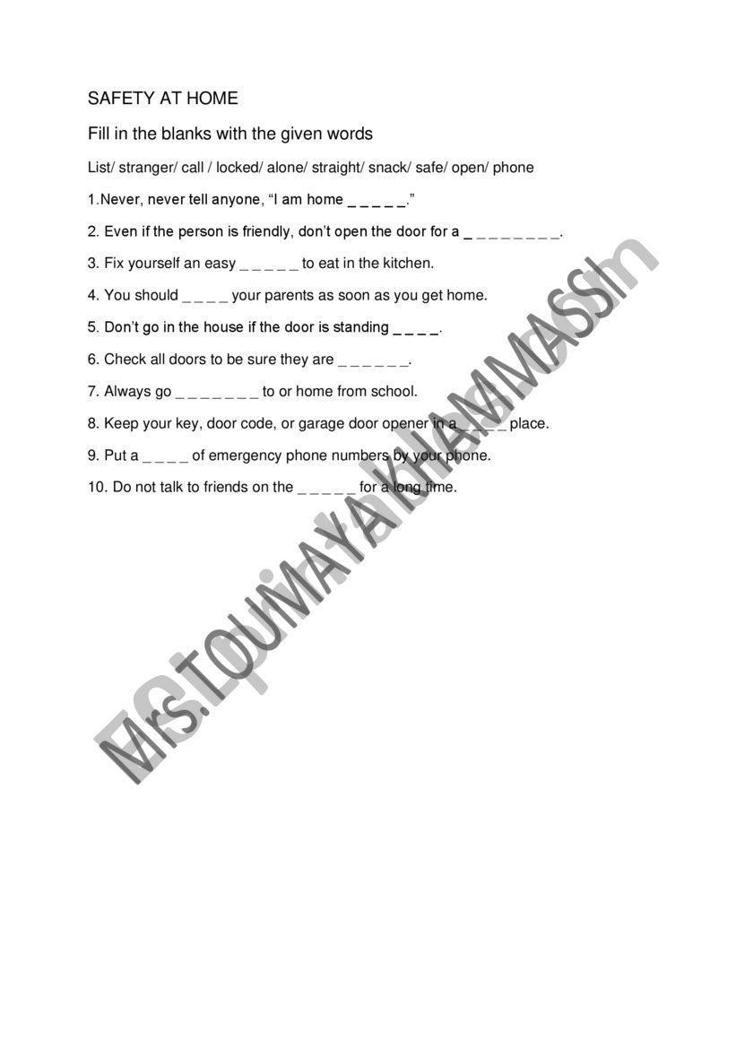 SAFETY AT HOME worksheet