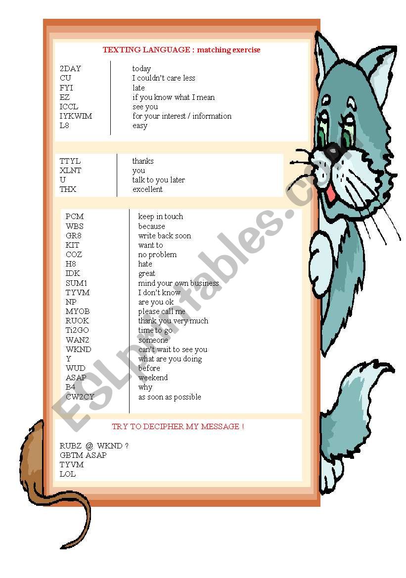 texting language worksheet