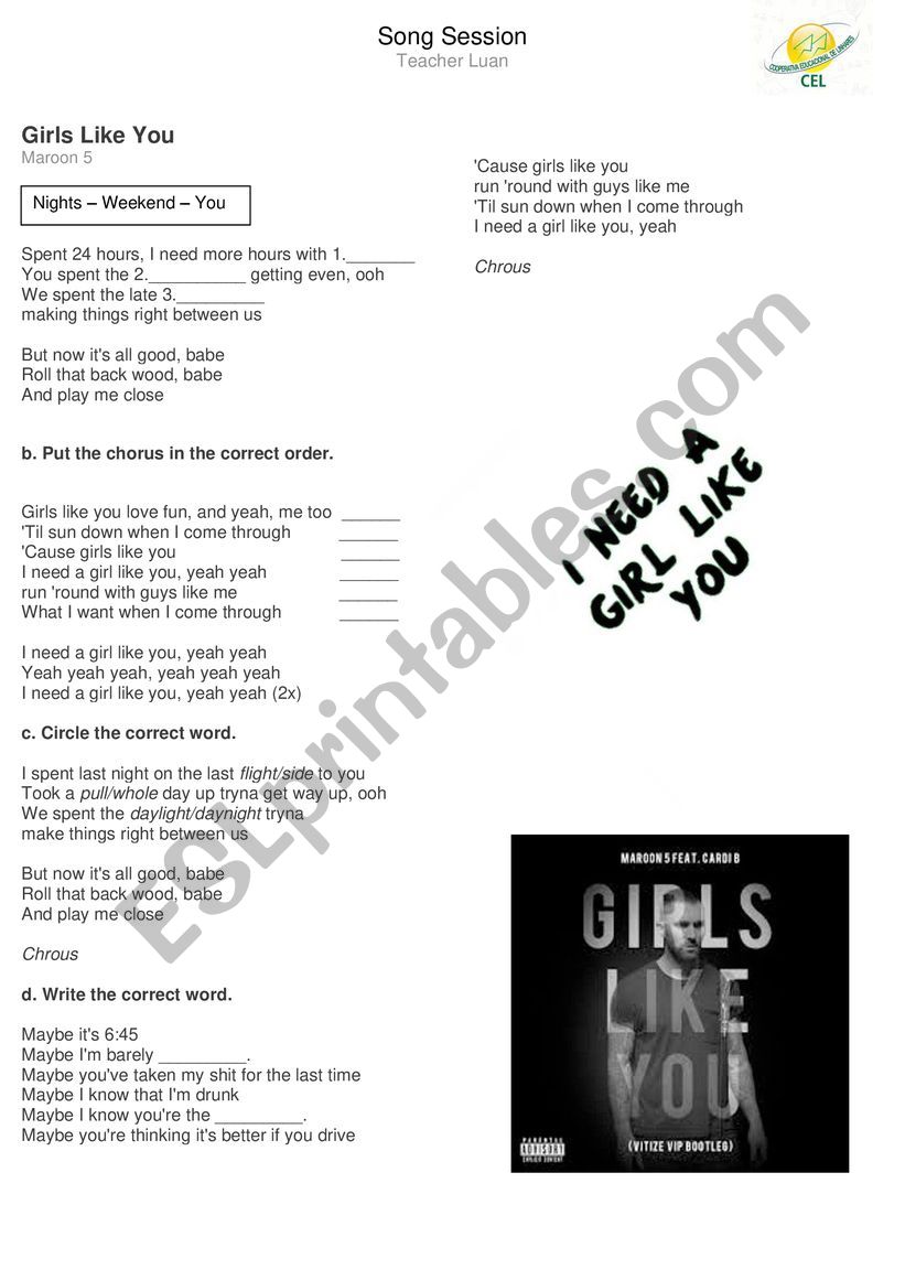 Girls Like You - Song Session worksheet