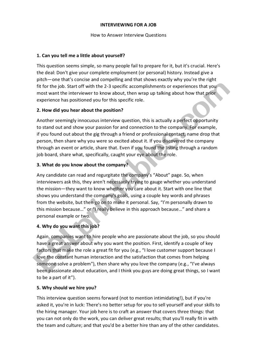Questions for a Job Interview worksheet