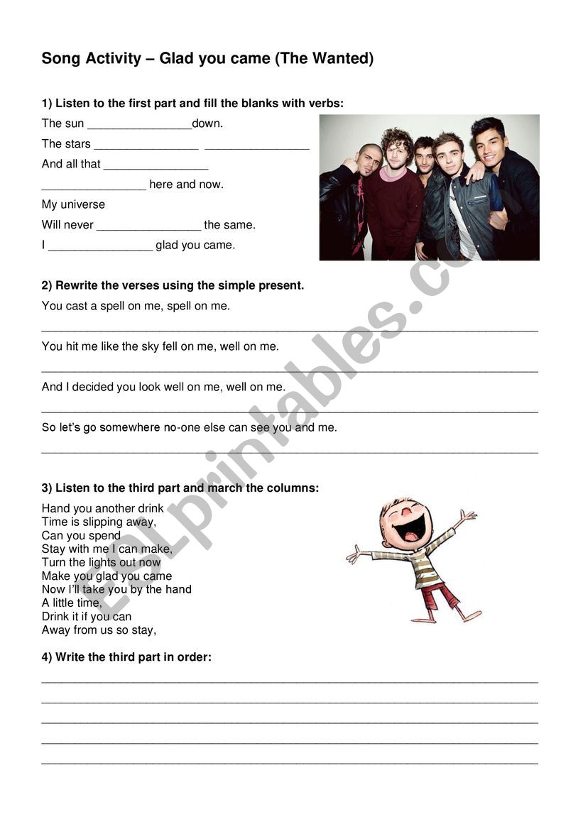 Song Glad you Came activity worksheet