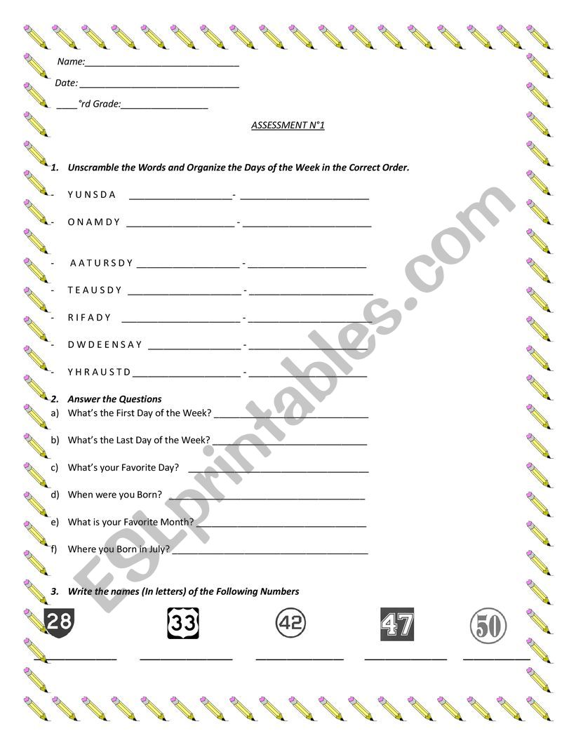 Assessement Activity. Days of the week, Months of the year, Numbers