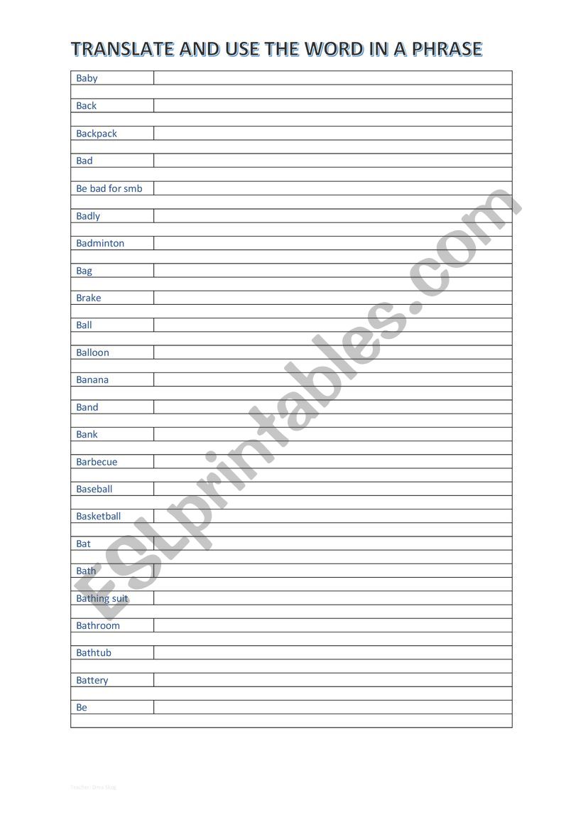 A2 Vocabulary chart (B) worksheet