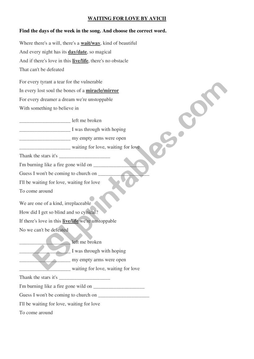 Waiting for love by Avicii worksheet
