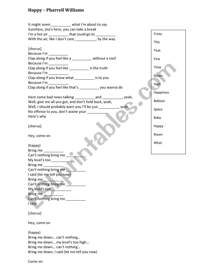 Happy - Pharrel  worksheet