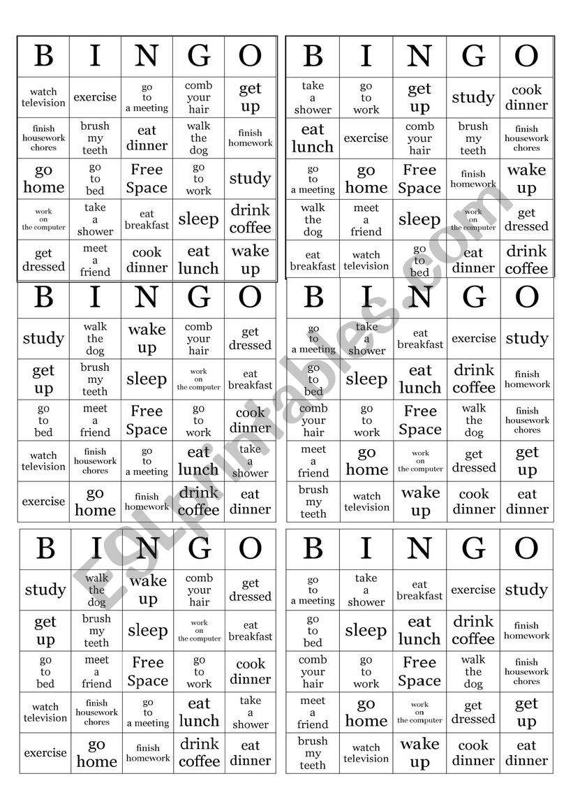 Bingo daily routines worksheet