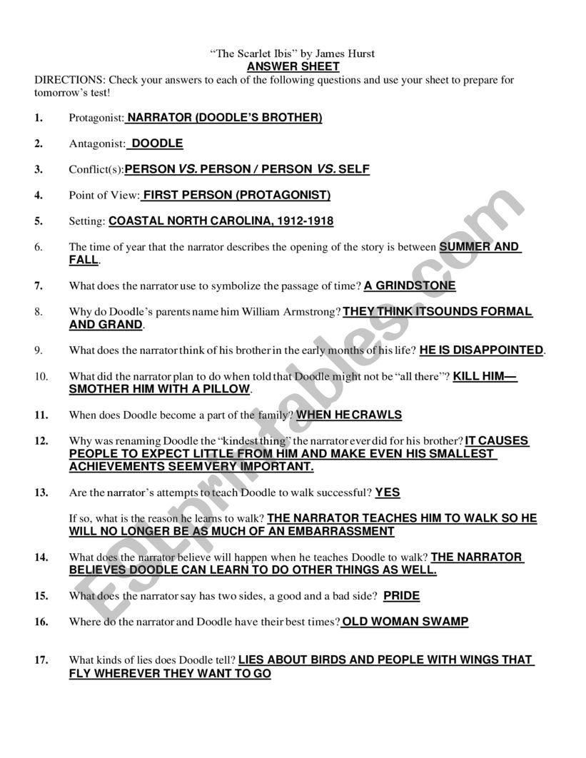The Scarlet Ibis worksheet