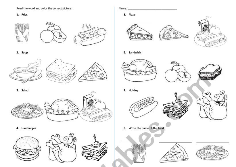 ESL Kindergarten Lunch Vocabulary Quiz - hamburger, salad, soup, pizza, sandwich, hotdog
