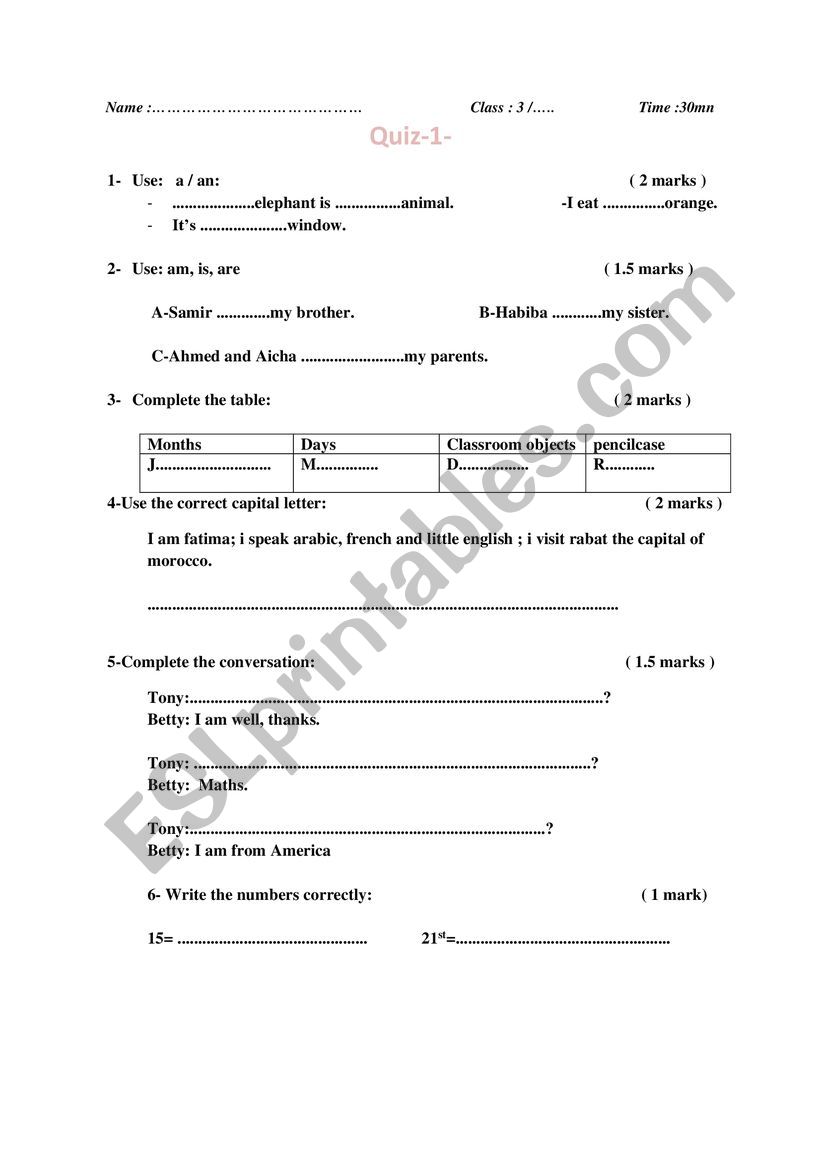 quiz for beginners; to be,capitalization, indefinite articles, numbers, countries, nationalities