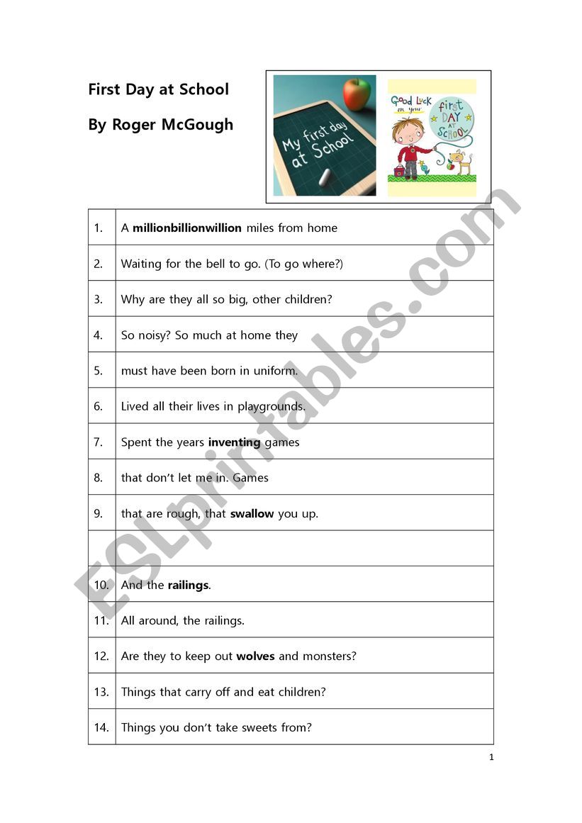 Poem Worksheet: First Day At School by Roger McGough