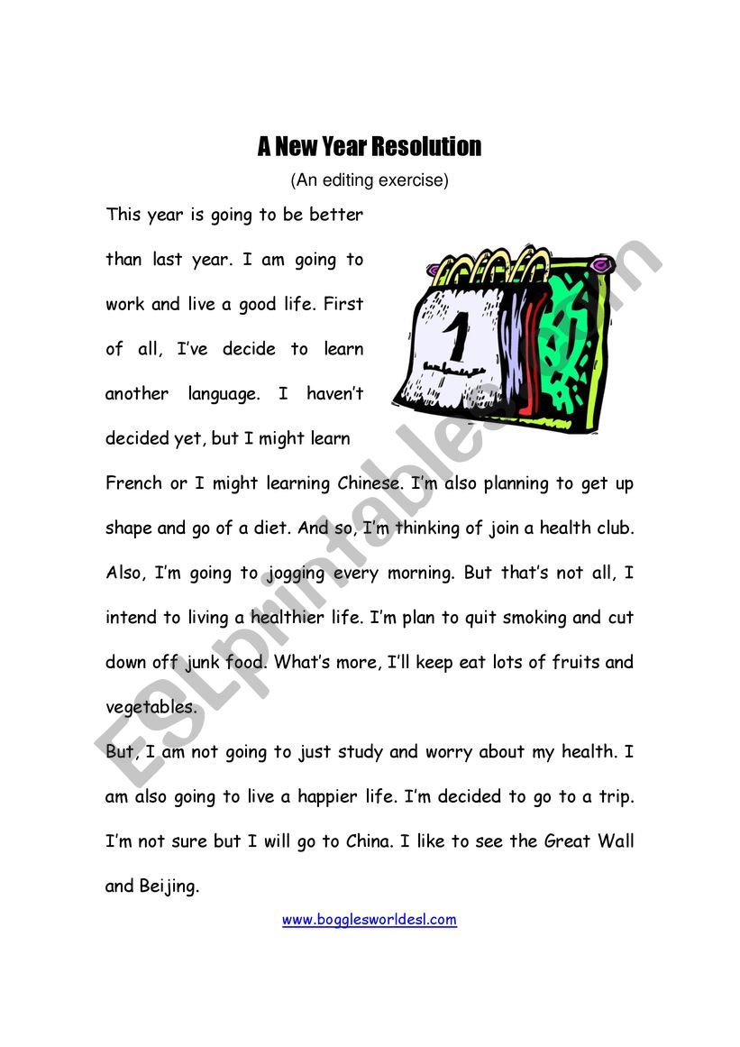 New Year Resolution worksheet
