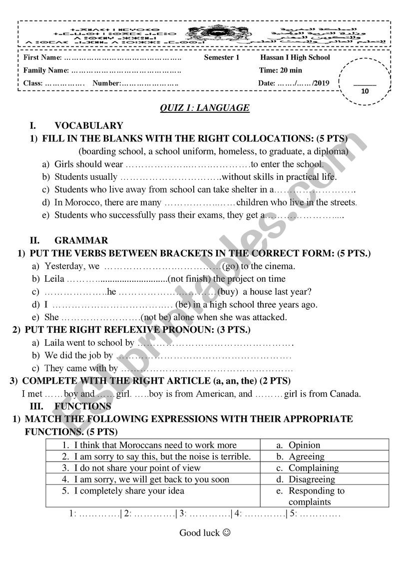 Quiz 1 Bac 1 Language Semester 1