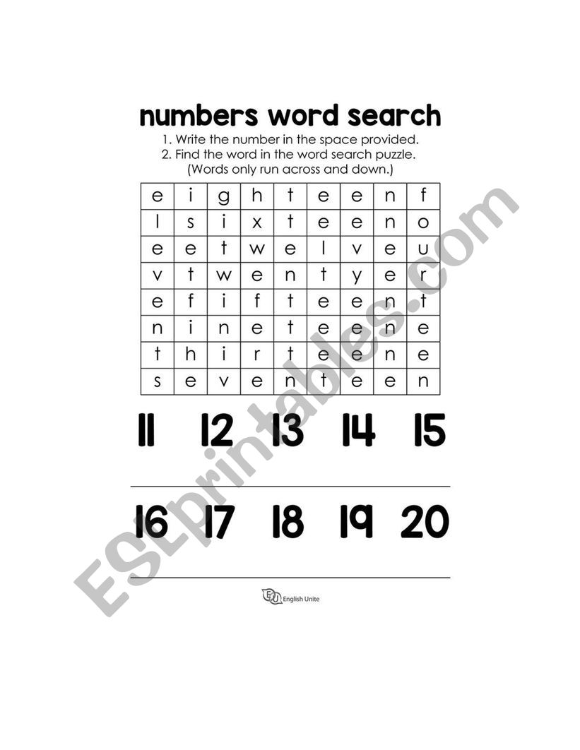 Numbers wordsearch  worksheet