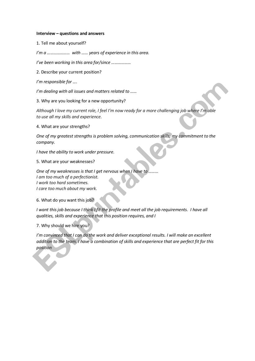 Job interview worksheet