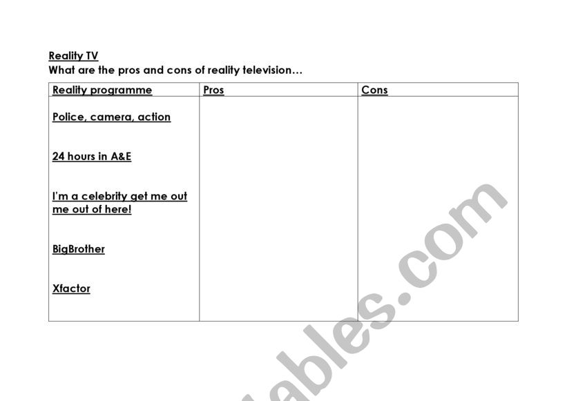 Reality TV worksheet  worksheet