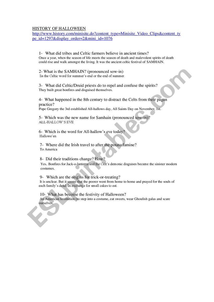 History of Halloween worksheet