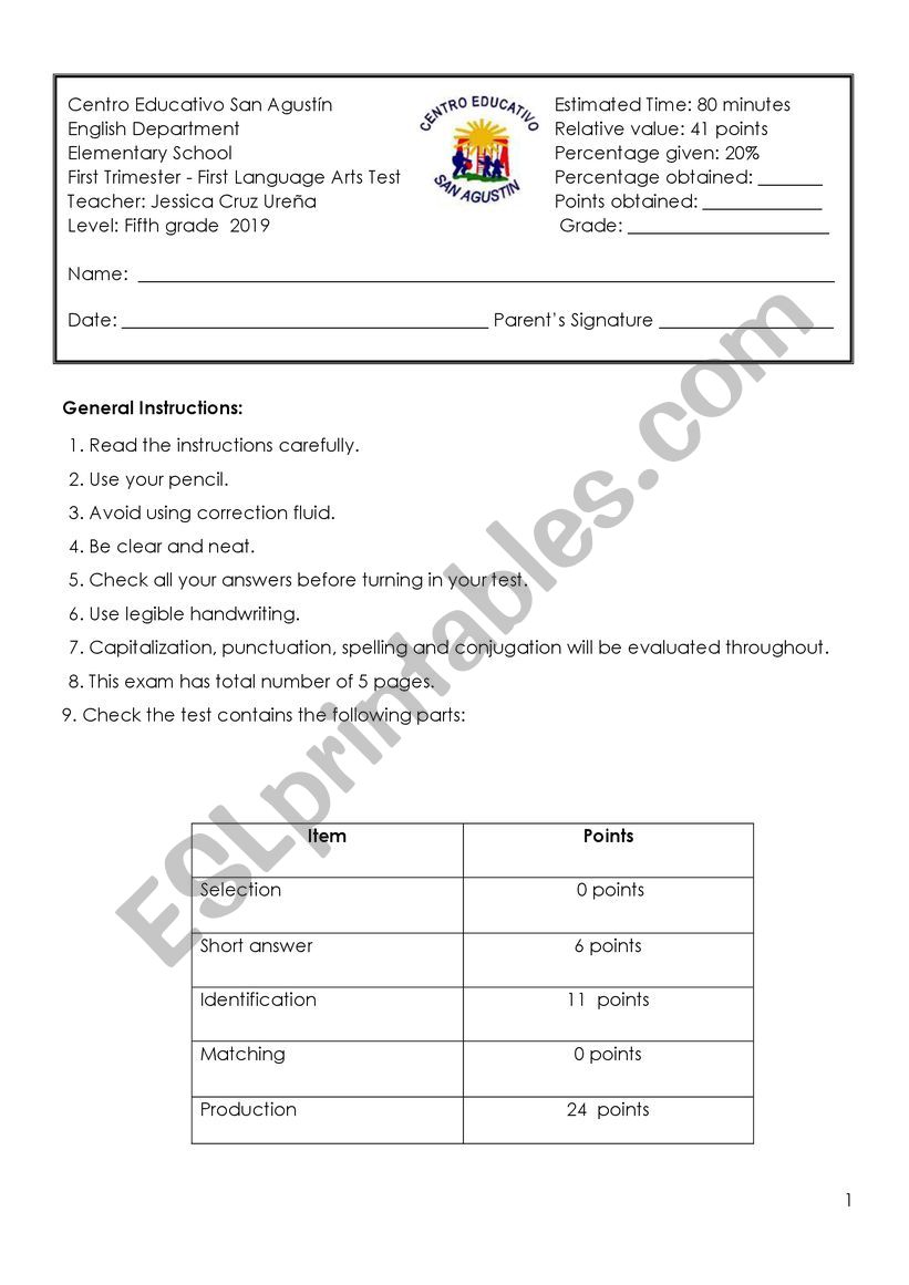 Language Arts Test worksheet