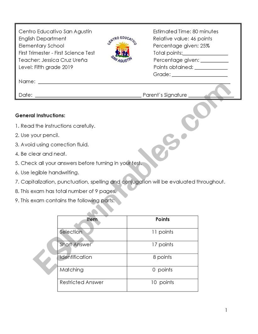 Sciente Test worksheet