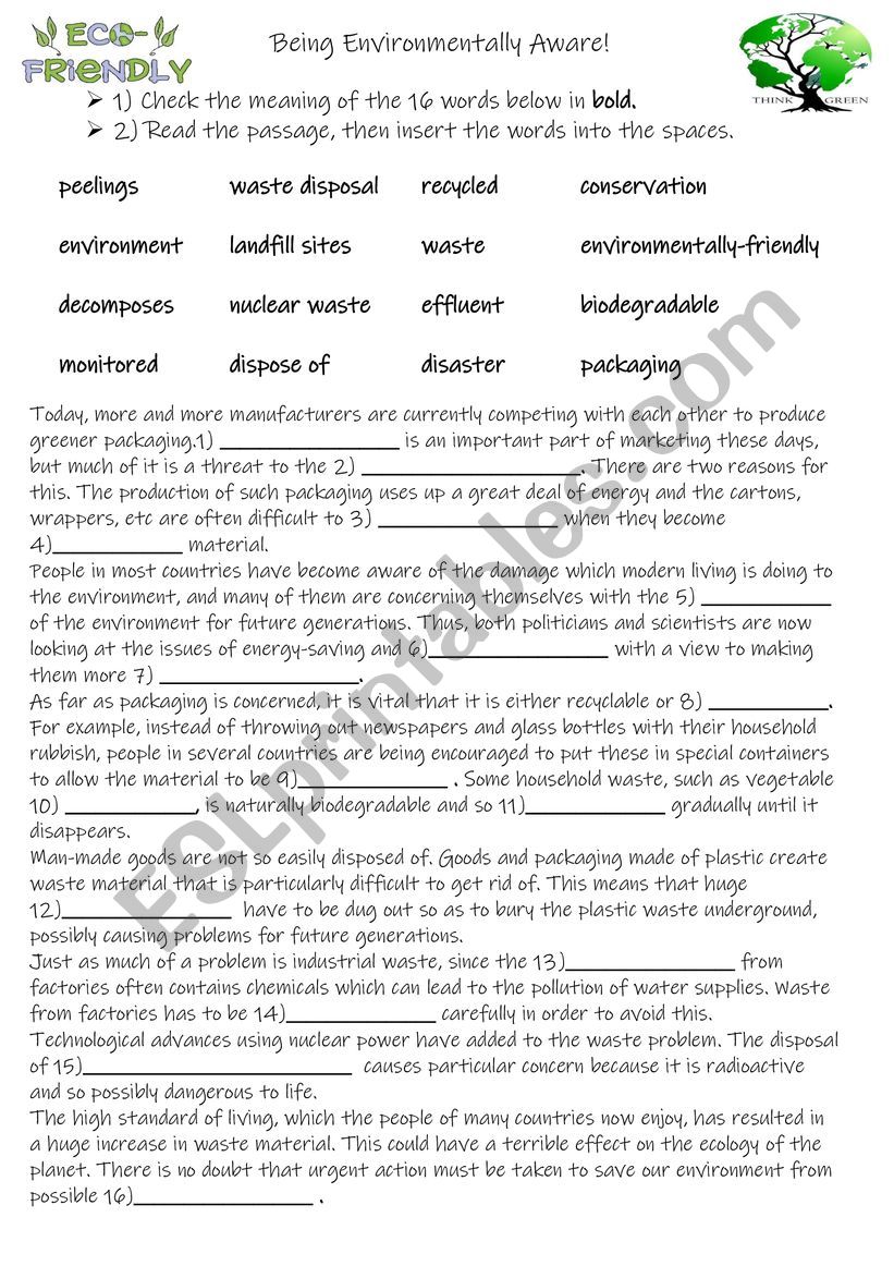 Being Environmentally Aware  worksheet