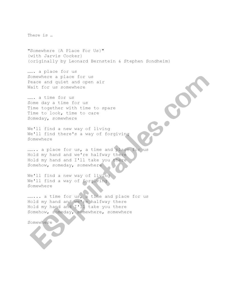 Place for us song worksheet