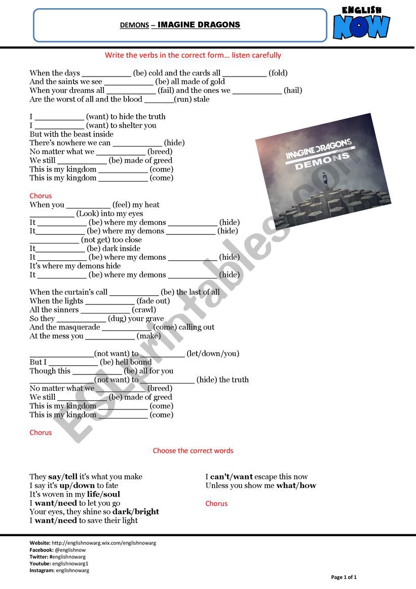 Demons by Imagine dragons worksheet