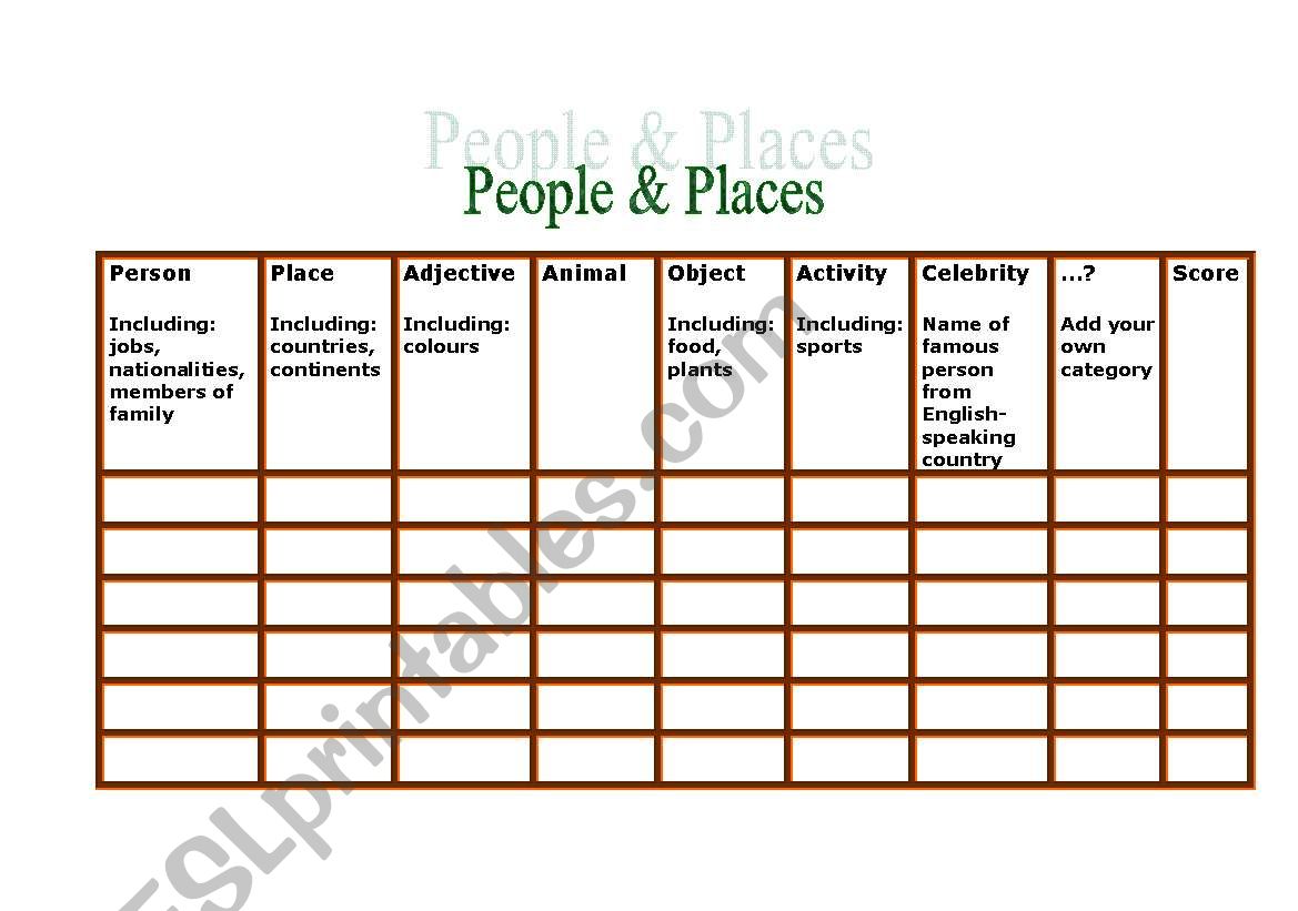 People & Places worksheet