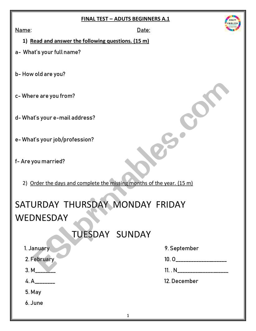 a1 exam final worksheet