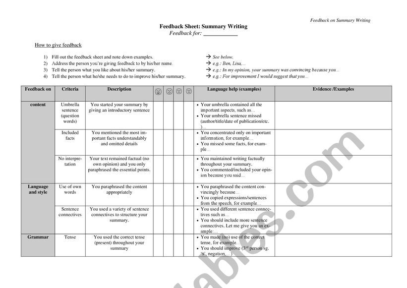 Peer feedback for summary writing