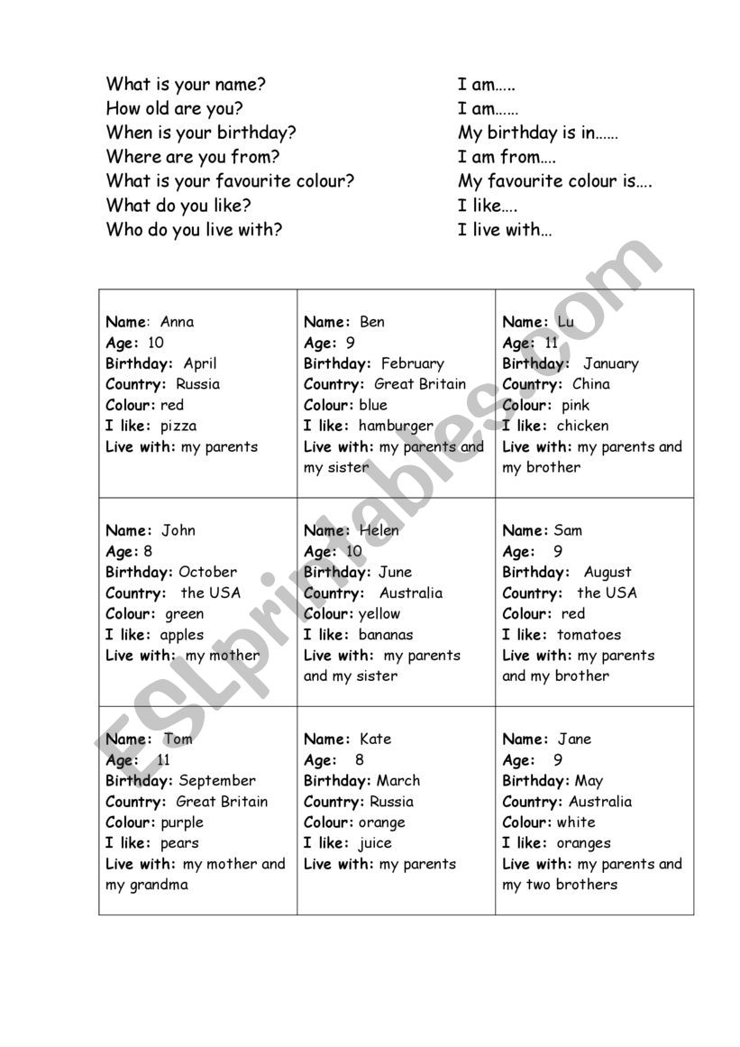 Question words speaking cards worksheet