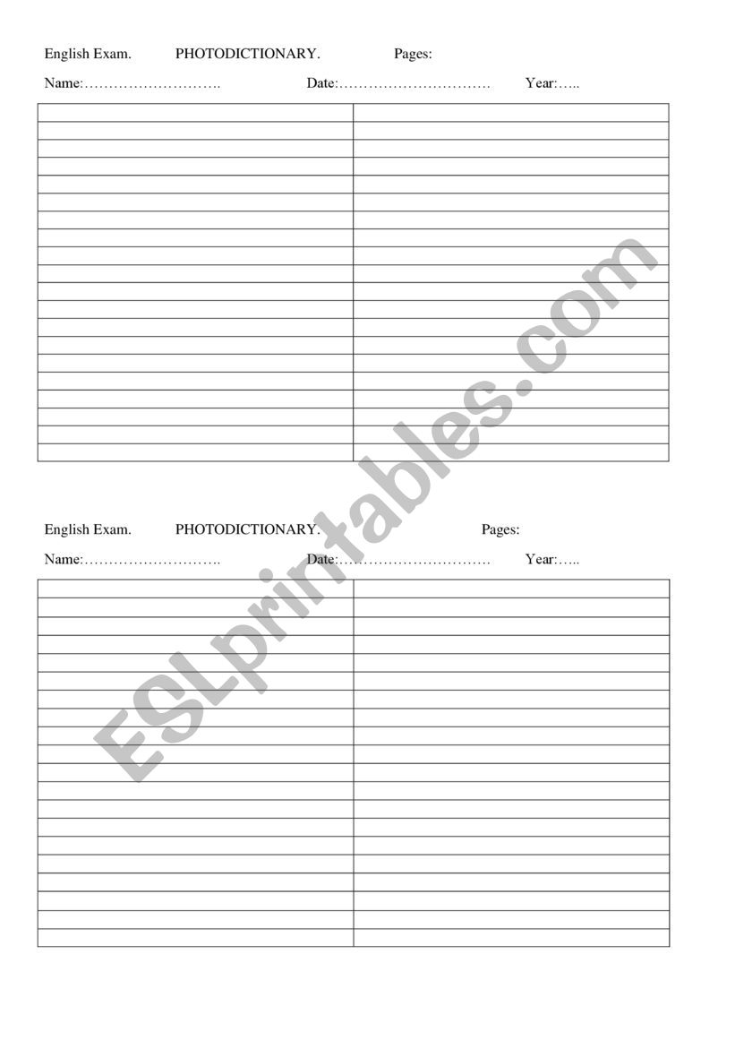 Photodictionary template worksheet