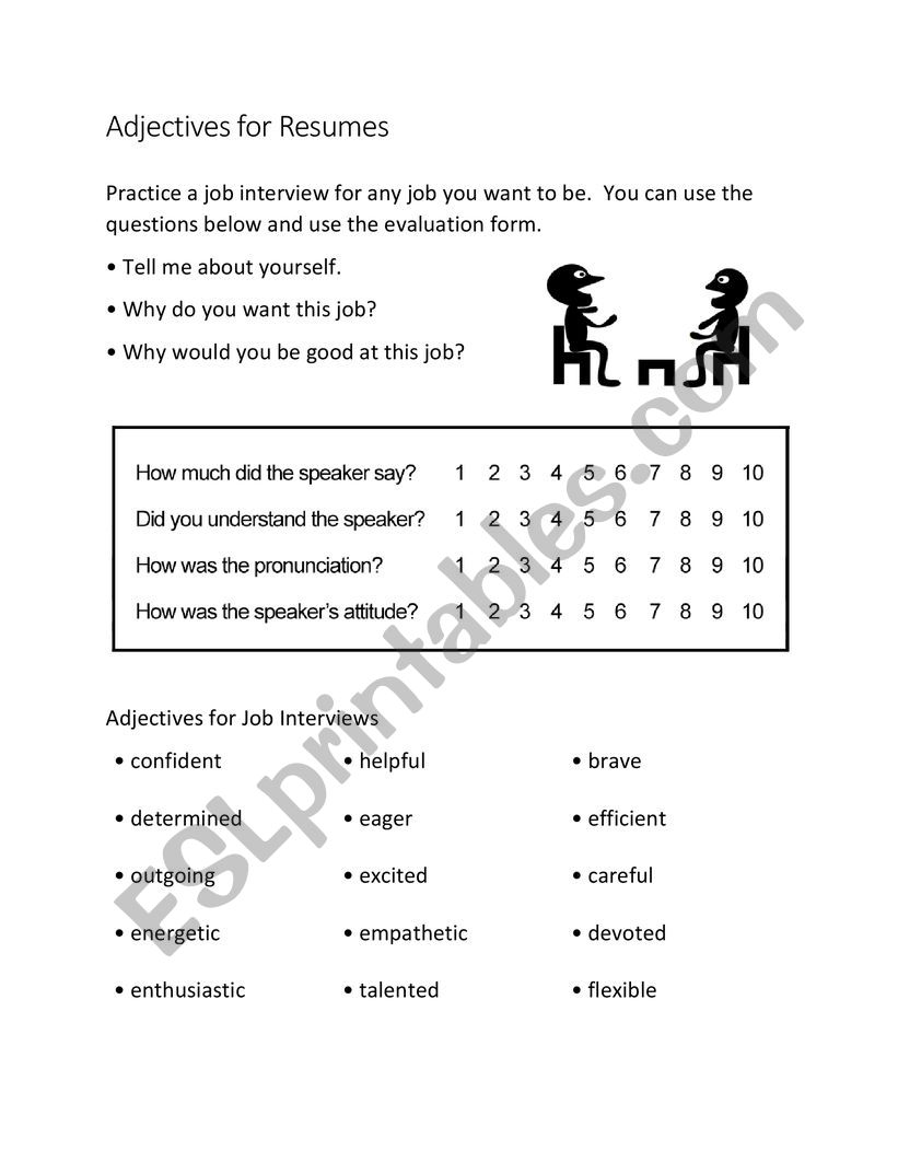 Adjectives for Resumes worksheet