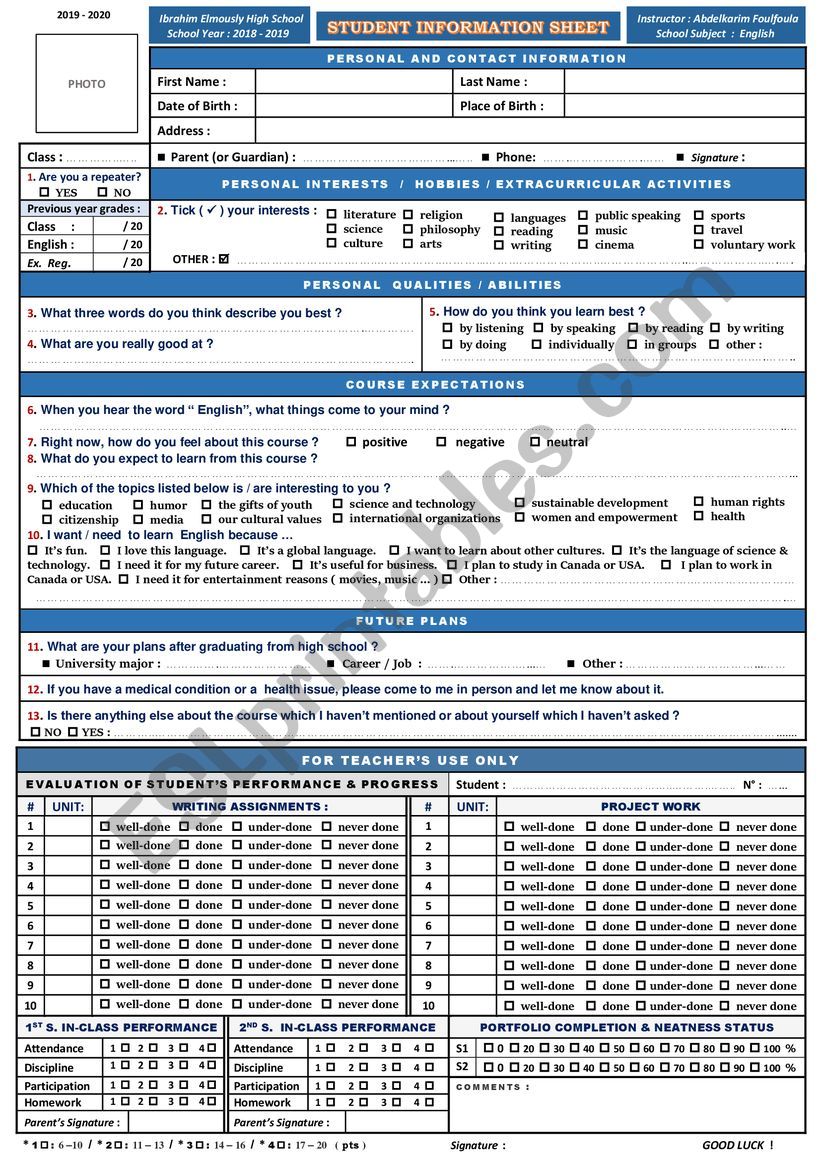 Students information sheet worksheet
