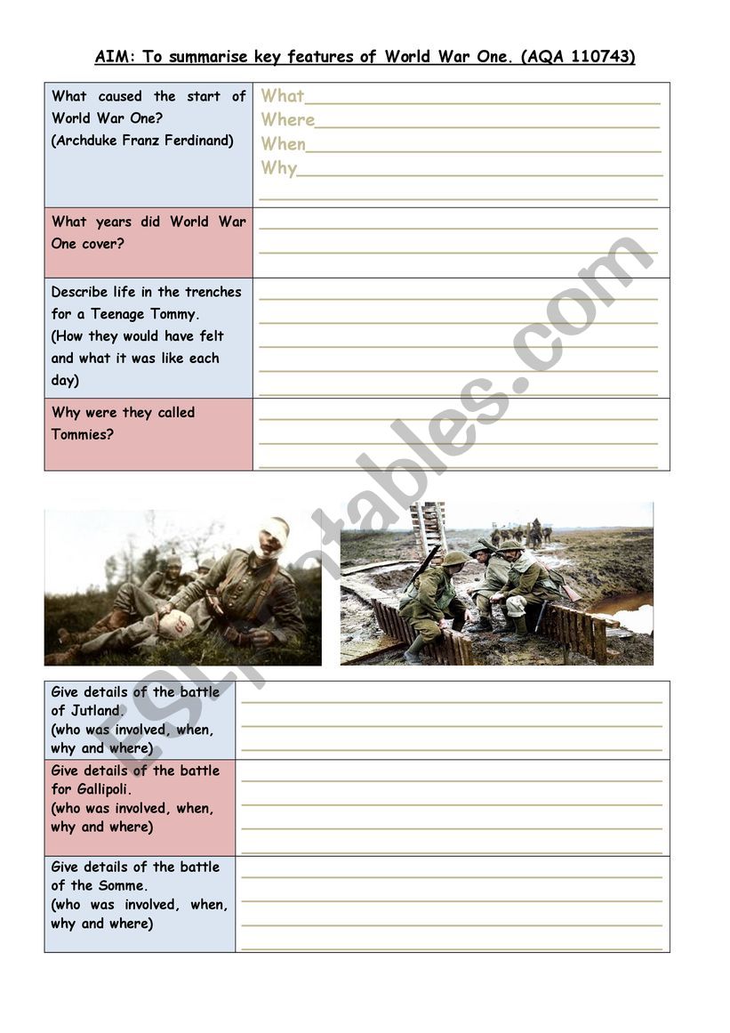 World War One worksheet