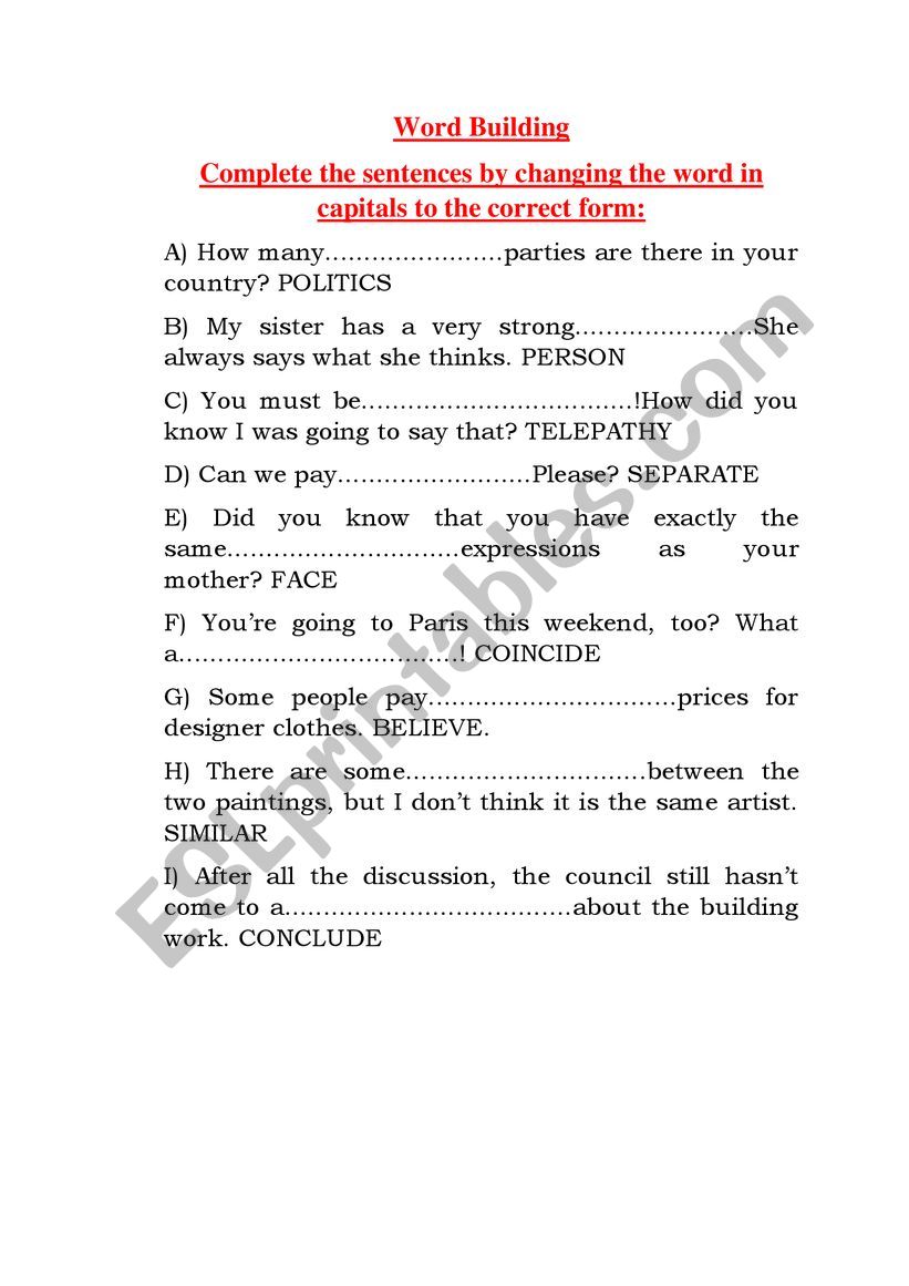 Word Building worksheet