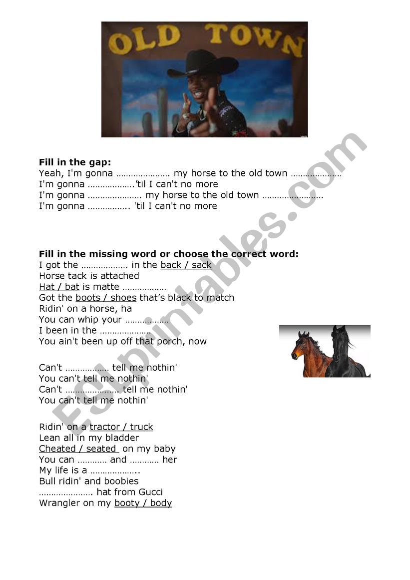 Old Town Road worksheet