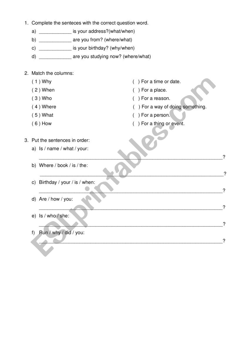 Question words worksheet worksheet