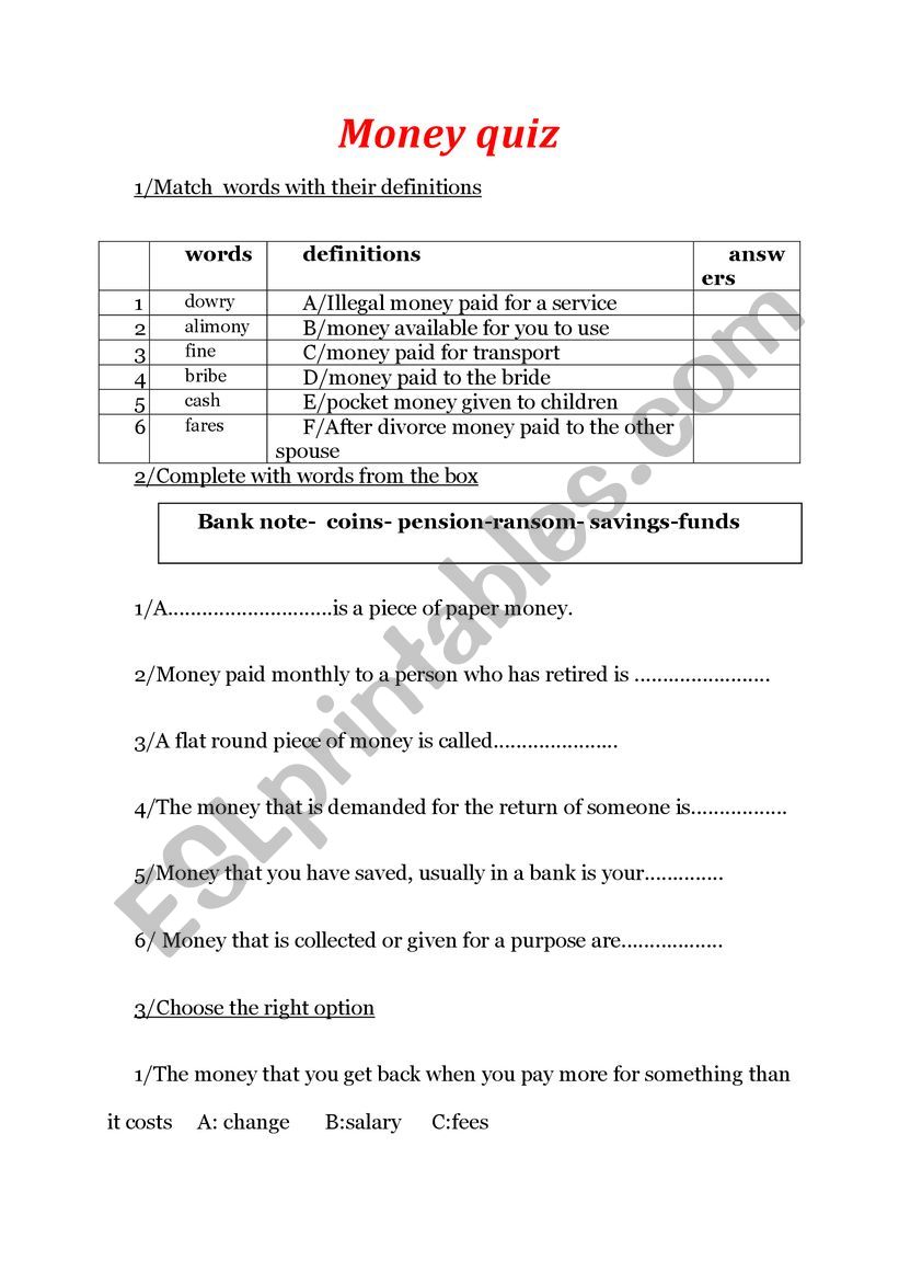 Money quizz worksheet