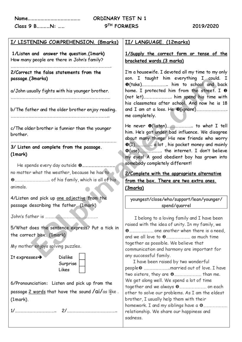 ordinary test n 1 9th formers 