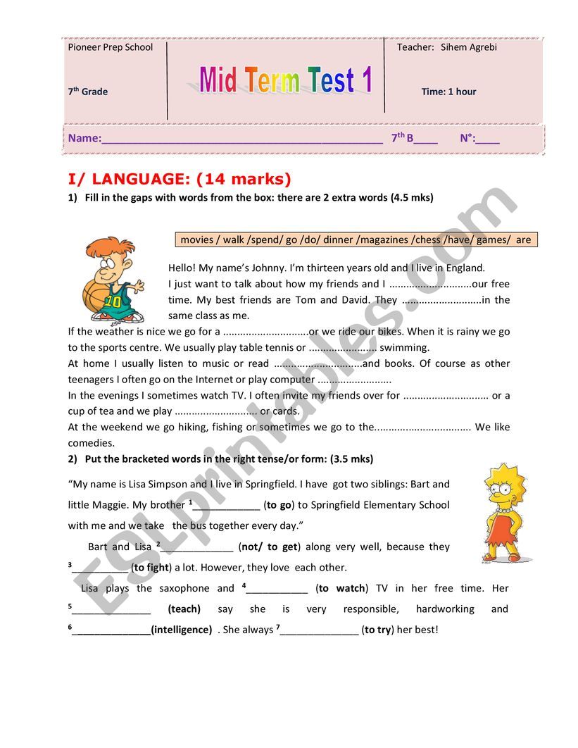 Mid-term test 1 7th form worksheet