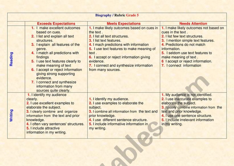 rubric biography worksheet