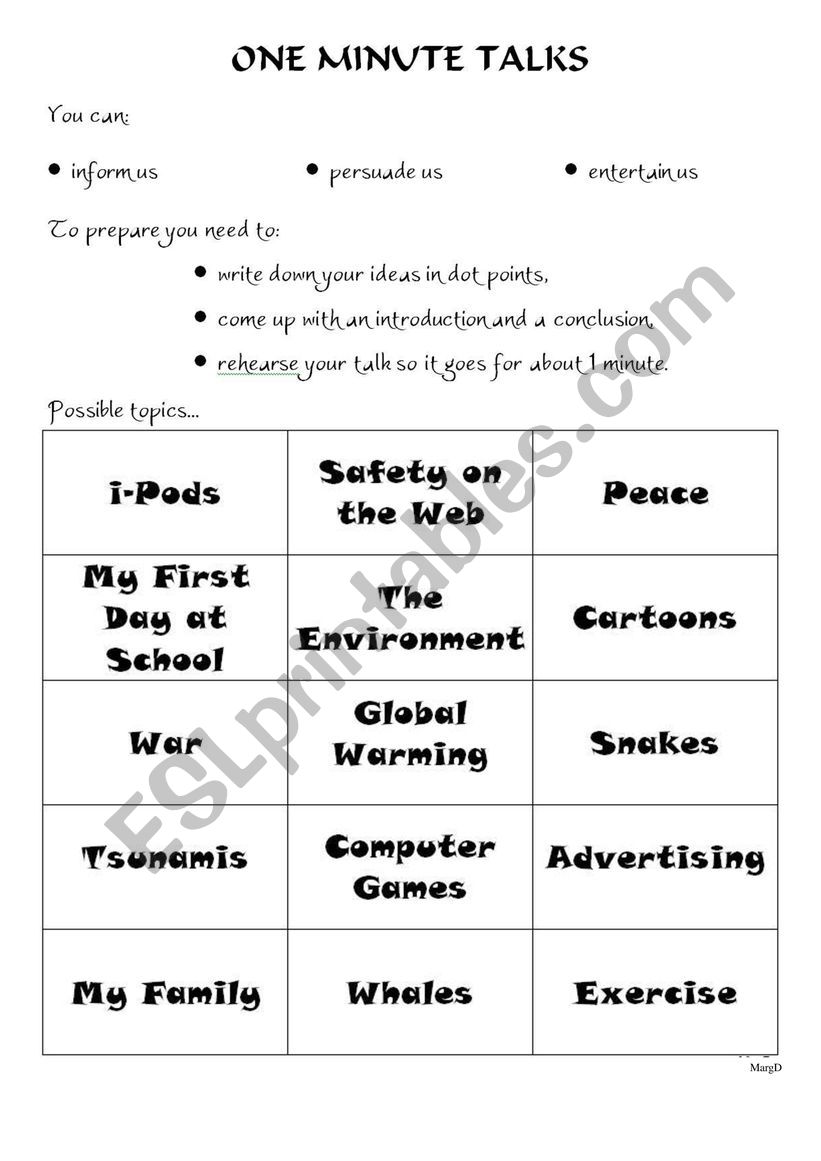 ONE MINUTE SPEECHES worksheet