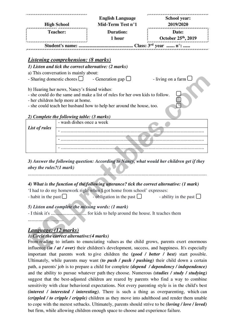 3rd form mid-term-test 1 worksheet