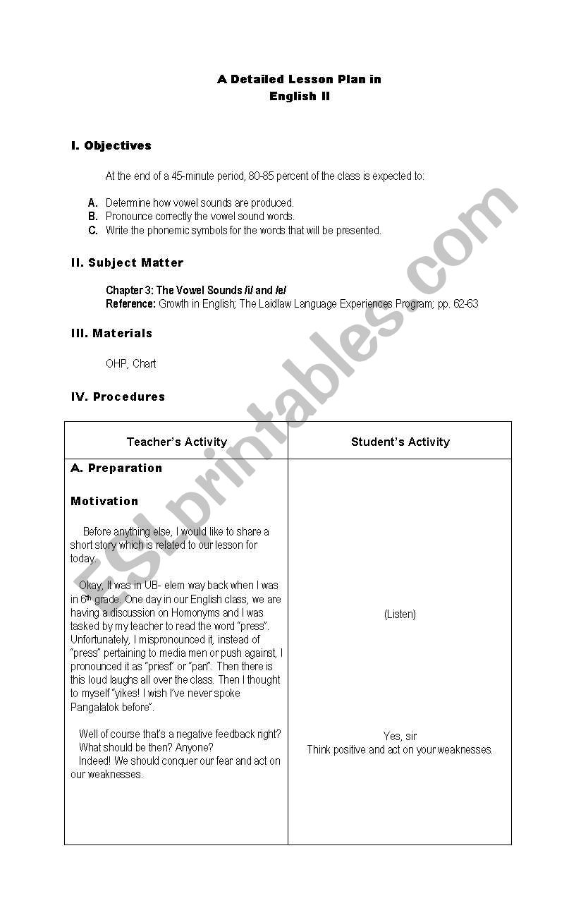 English Worksheets A Detailed Lesson Plan In Vowel Sounds E And I