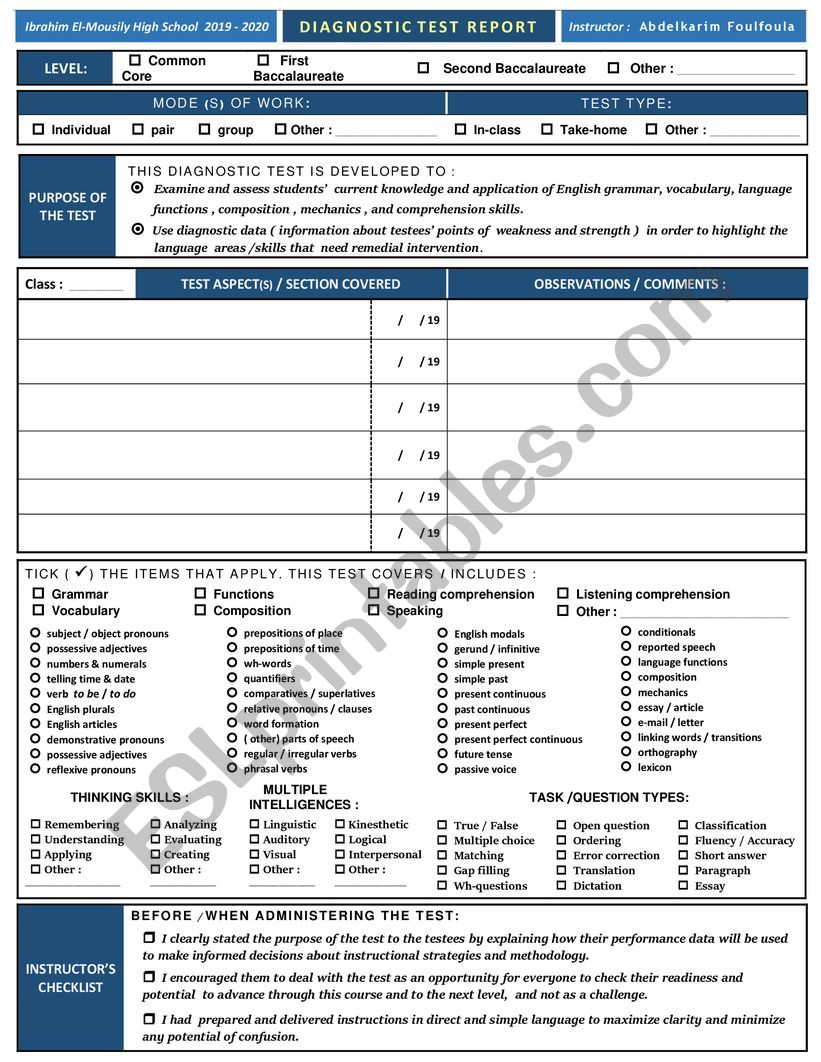 DIAGNOSTIC TEST REPORT worksheet