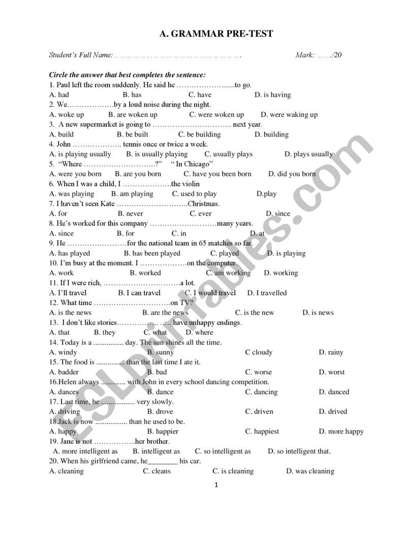 Grammar test worksheet