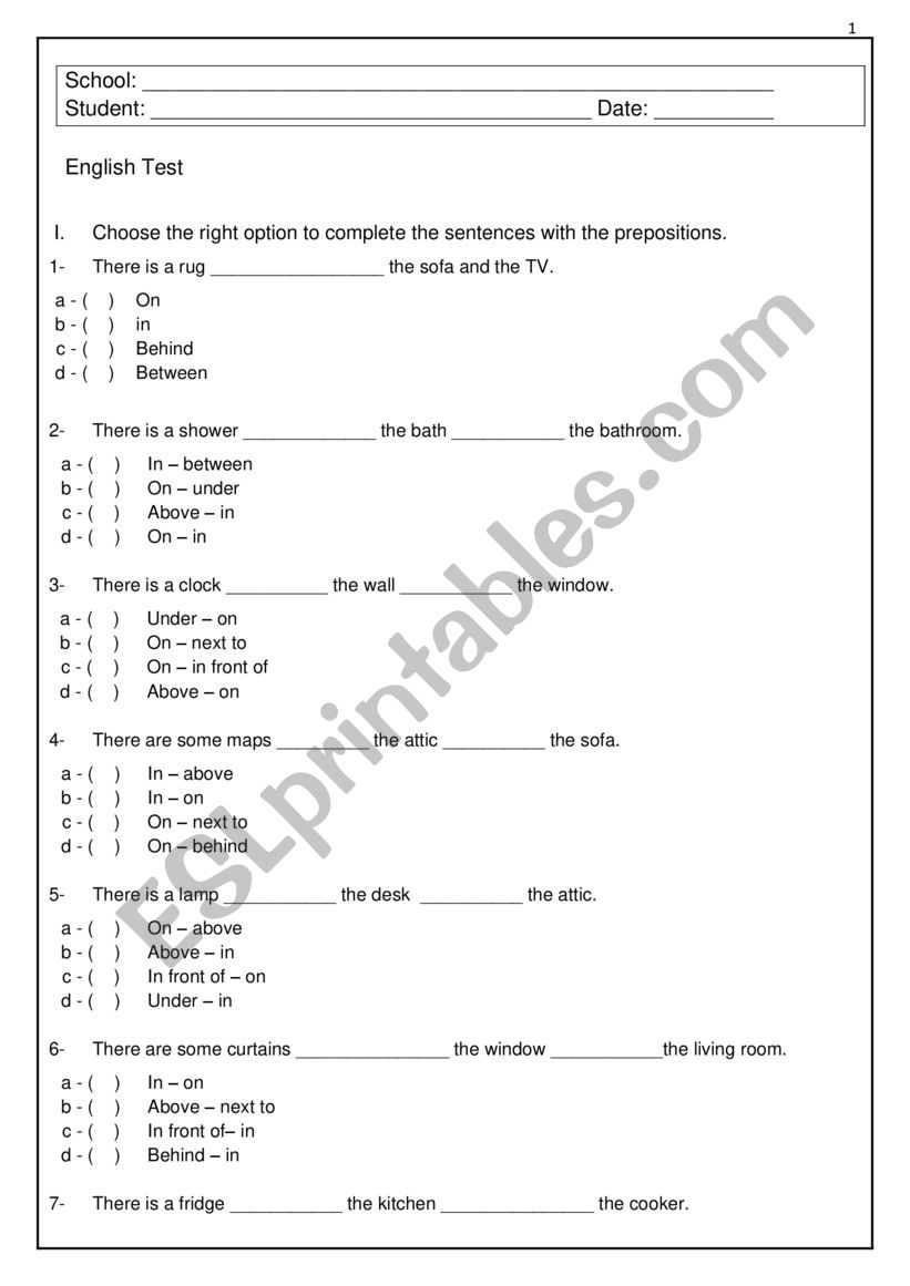 English test - There is - there are and prepositions