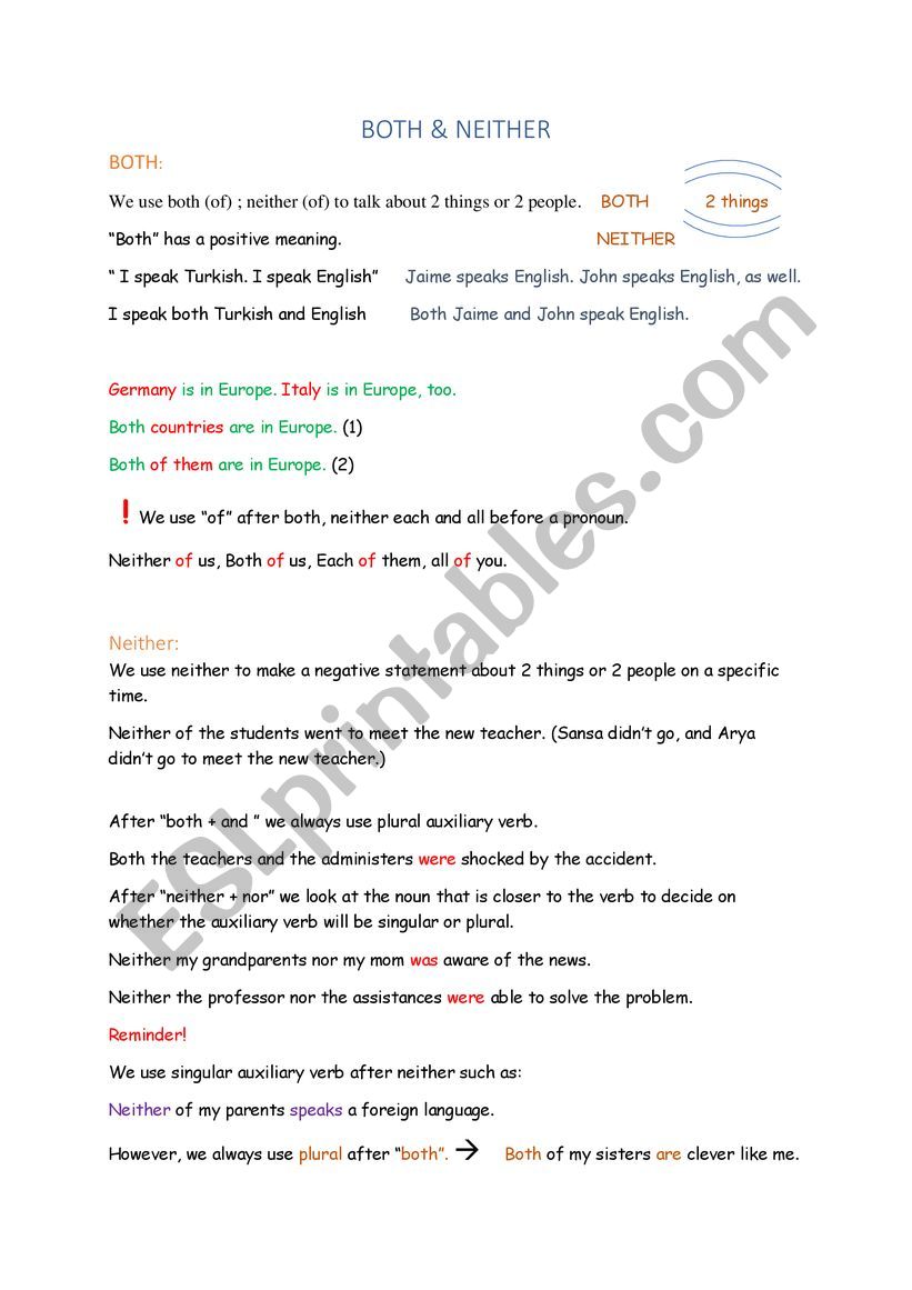Determiners - Both and Neither - handout with worksheet